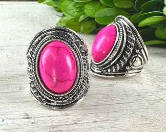 Fuchsia pink western oval stretch ring, fuchsia stone western ring, western fashion stretch ring, burnished silver pink stone statement ring