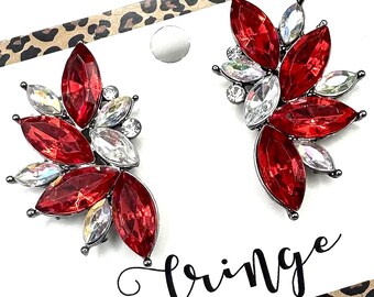 1.6" Red rhinestone stud statement earrings, red AB crystal evening cluster earrings, red crystal gunmetal pageant earrings