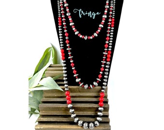 36" Western Navajo pearl layered Necklace, matte western pearl necklace, red western beads