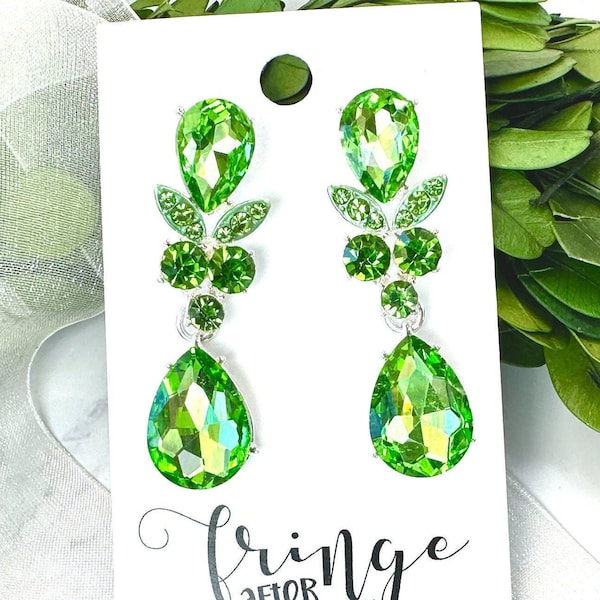 1.85" Light green rhinestone dangle earrings, green pageant earrings, green dainty rhinestone earrings, green prom dangle earrings