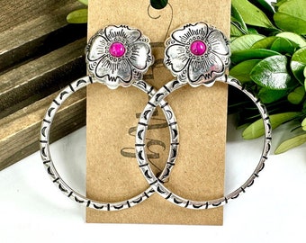 Western stone dangle earrings, fuchsia western flower hoop earrings, burnished silver earrings, western pink hoop earrings