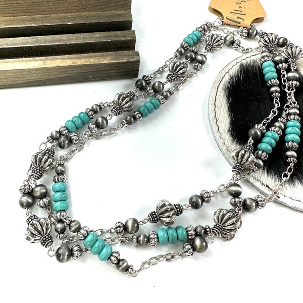 60" turquoise western bead necklace, burnished silver turquoise pearl necklace, extra long western beads, Navajo bead layering necklace