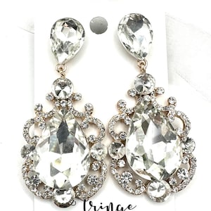 2.8&quot; Crystal gold chandelier dangle earrings, clear crystal gold rhinestone teardrop earrings, rhinestone prom statement earrings