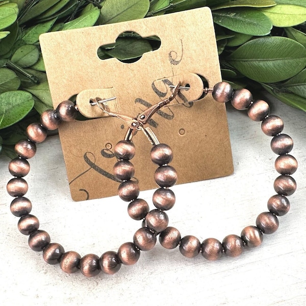 1.75" Western beaded hoops, Navajo style pearl hoop earrings, western copper pearl earrings, matte burnished copper western bead hoops