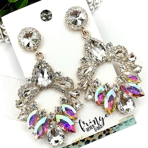 2.7&quot; AB crystal gold chandelier dangle earrings, clear and AB crystal prom earrings, crystal gold statement earrings