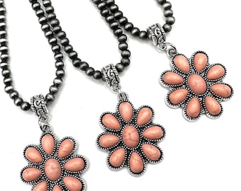 16" Coral Navajo pearl style pendant necklace, coral pink western squash blossom necklace, short Navajo pearl style necklace