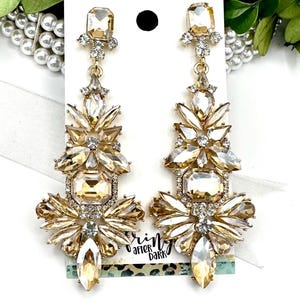3.3&quot; Gold crystal chandelier earrings, oversized LCT topaz rhinestone pageant earrings, gold crystal statement earrings