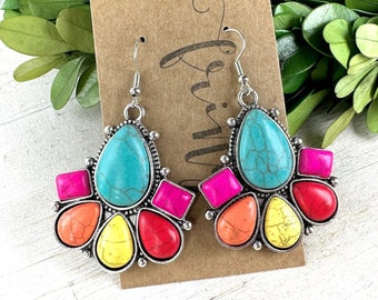 Western multi color dangle earrings, western burnished silver stone drop earrings, western multi color stone drop earrings