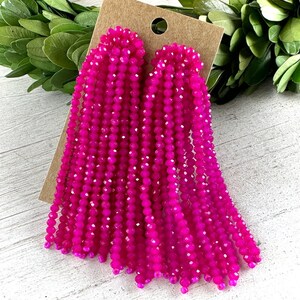 Fuchsia bead tassel statement earrings, beaded dangle earrings, glass bead earrings, pink statement earrings