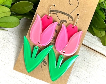 Tulip dangle earrings, pink acetate acrylic tulip earrings, spring flower tulip dangle earrings, pink flower drop earrings