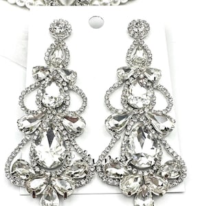 3.4&quot; Crystal silver chandelier earrings, clear silver rhinestone pageant dangle earrings, clear crystal sparkly prom statement earrings