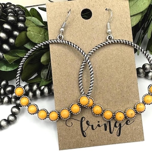 Mustard yellow western dangle earrings, golden yellow stone western drop earrings, burnished silver earrings, western yellow hoop earrings