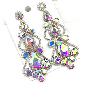3.4&quot; AB crystal silver chandelier earrings, AB silver rhinestone pageant dangle earrings, AB sparkly prom statement earrings