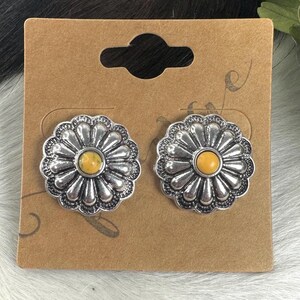 Yellow concho stud earrings, western yellow post earrings, burnished silver metal post earrings, small yellow western chic earrings