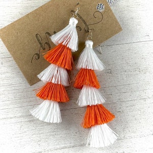 Orange Game Day tassel earrings, long tassel dangle earrings, school spirit earrings, tassel orange team color earrings