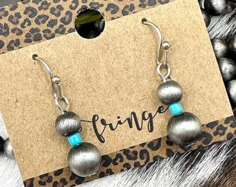 Navajo pearl style turquoise dangle earrings, small bead drop earrings, dainty western pearl earrings, simple western pearl dangle earrings