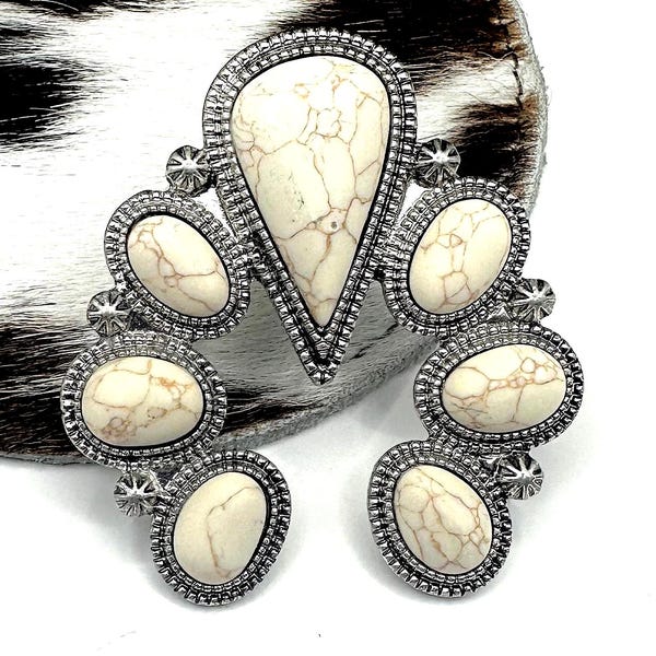 Ivory western ring, big western stone stretch ring, western oversized statement ring, burnished distressed silver tone ring