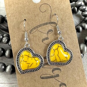Western heart dangle earrings, yellow heart earrings, burnished silver heart earrings, yellow heart boho earrings