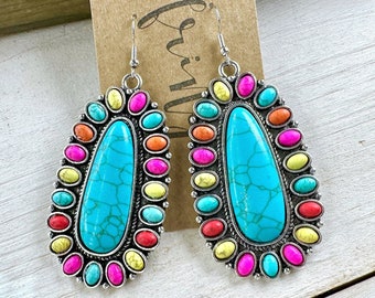 Western turquoise dangle earrings, western burnished silver drop earrings, western multi color stone teardrop earrings