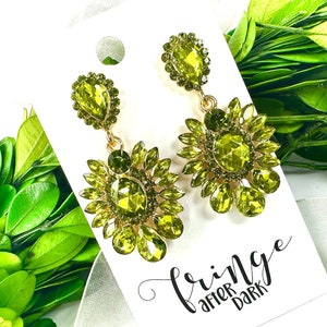 1.8" Green rhinestone earrings, olive green crystal pageant earrings, green rhinestone dangle earrings, green rhinestone prom earrings