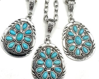 18" Western concho pendant necklace, western stone turquoise pendant necklace, burnished silver pendant western necklace