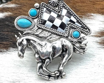 Western horse stretch ring, lightening bolt checkered turquoise ring, chunky western statement ring