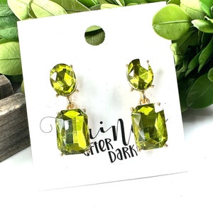 1.2" Green rhinestone earrings, olive green crystal pageant earrings, green rhinestone dangle earrings, green rhinestone prom earrings