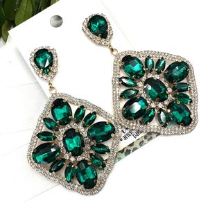 3&quot; Emerald rhinestone dangle earrings, green crystal square prom earrings, statement emerald crystal dangle earrings