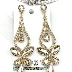 3.5&quot; Gold crystal chandelier earrings, oversized LCT topaz rhinestone pageant earrings, gold crystal statement earrings