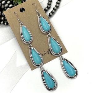 Long turquoise western dangle earrings, western burnished silver drop earrings, western turquoise stone dangle earrings