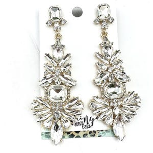 3.3&quot; Crystal gold chandelier earrings, oversized clear crystal rhinestone pageant earrings, clear crystal statement earrings