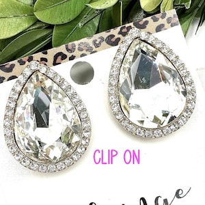 1.25&quot; Clear crystal gold CLIP ON teardrop earrings, crystal gold oversized prom earrings, rhinestone oversized pageant earrings