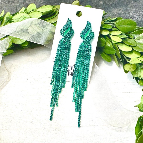 5" Long green rhinestone dangle earrings, green prom rhinestone earrings, rhinestone fringe earrings, pageant rhinestone tassel earrings