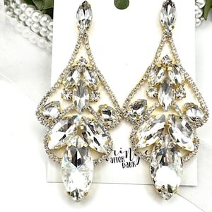 3.4&quot; Crystal gold rhinestone chandelier earrings, long clear crystal gold pageant dangle earrings, crystal rhinestone statement earrings