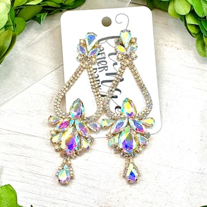 4.25&quot; AB gold rhinestone earrings, long chandelier pageant earrings, AB crystal statement earrings, rhinestone earrings, bridal earrings