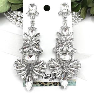 3.3&quot; Crystal silver chandelier dangle earrings, oversized clear crystal rhinestone pageant earrings, clear crystal silver statement earrings