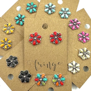 Western flower stud earrings, small red green turquoise orange post earrings, small squash blossom earrings