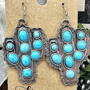 Cactus stone dangle earrings, turquoise western cactus earrings, southwest concho dangle stone cactus earrings