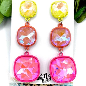 2.5&quot; Neon glass crystal dangle earrings, neon pink yellow orange drop earrings, neon rhinestone earrings, neon orange prom dangle earrings