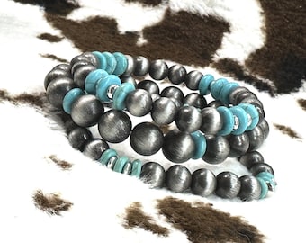 Western Navajo pearl style stretch bracelet set, bead bracelet set, matte western bracelets, turquoise and silver bracelets