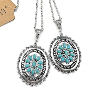 18&quot; Turquoise western concho pendant necklace, western stone turquoise pendant necklace, turquoise oversized pendant western necklace