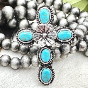 Turquoise western cross cuff ring, floral cross stone statement ring, western fashion cross cuff ring, burnished silver turquoise cross ring