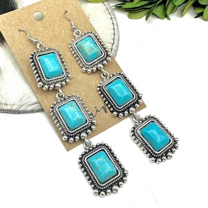 Turquoise western dangle earrings, long western burnished silver drop earrings, western turquoise stone earrings, western linked earrings