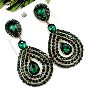 3.5&quot; Emerald gold rhinestone dangle earrings, long green crystal teardrop pageant earrings, emerald crystal prom statement earrings