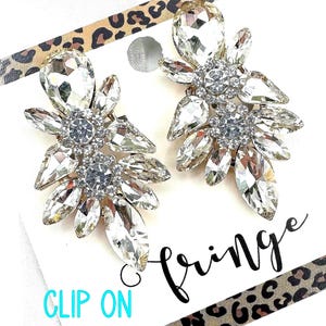 1.75&quot; Clear crystal gold CLIP ON rhinestone large cluster earrings, crystal gold oversized crystal earrings, rhinestone pageant earrings