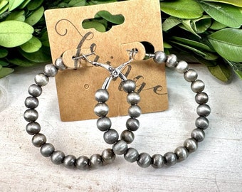 Western Bead Hoop Earrings: Matte Burnished Silver, 1.75&quot;