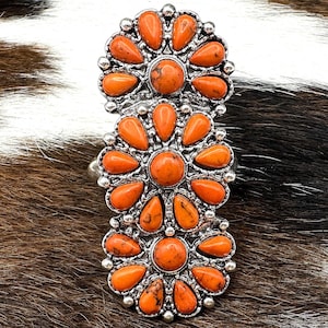 Orange western stretch ring, orange squash blossom ring, western fashion stretch ring, burnished distressed metal orange statement ring