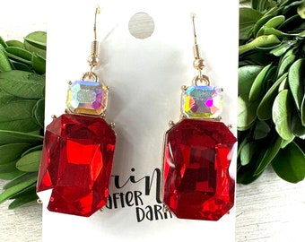 2.25" Red AB crystal drop earrings, red and crystal glam earrings, chunky evening drop earrings, emeralds cut crystal pageant earrings