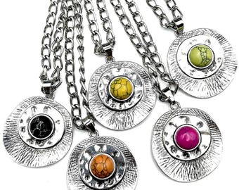 15" Western stone pendant short necklace, burnished silver pendant choker, green fuchsia black yellow orange pendant choker necklace