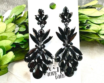 2.7" Black rhinestone dangle earrings, black rhinestone pageant earrings, black prom earrings, dance earrings, jet black dangle earrings